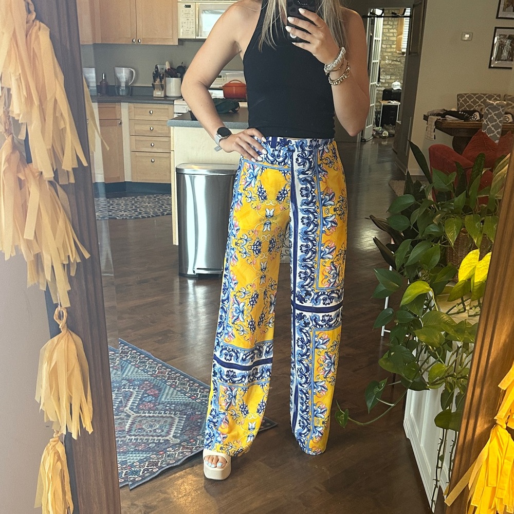 AKIRA Yellow and Blue Floral Wide Leg Pants